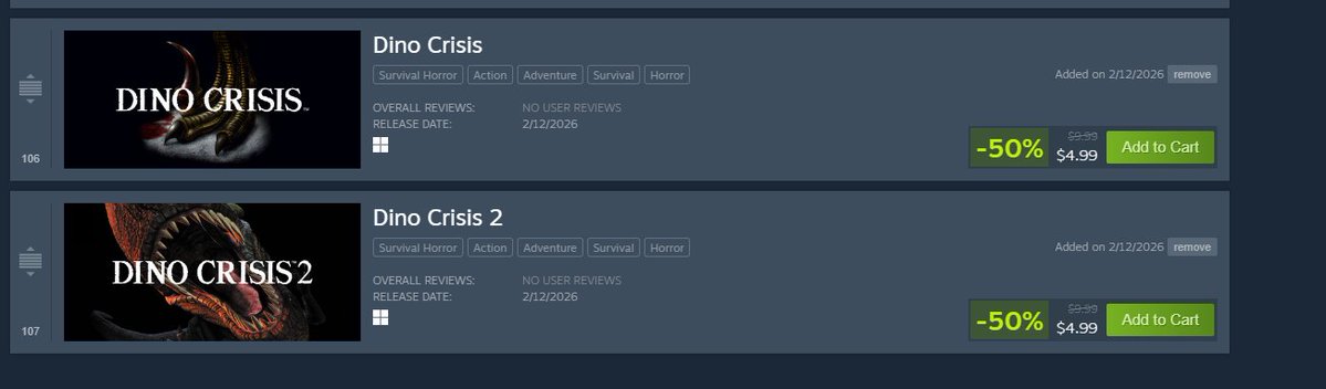 Capcom have shadow dropped Dino Crisis 1 &amp; 2 onto Steam out of nowhere with a 50% off launch discount. Links for both in the next tweet.