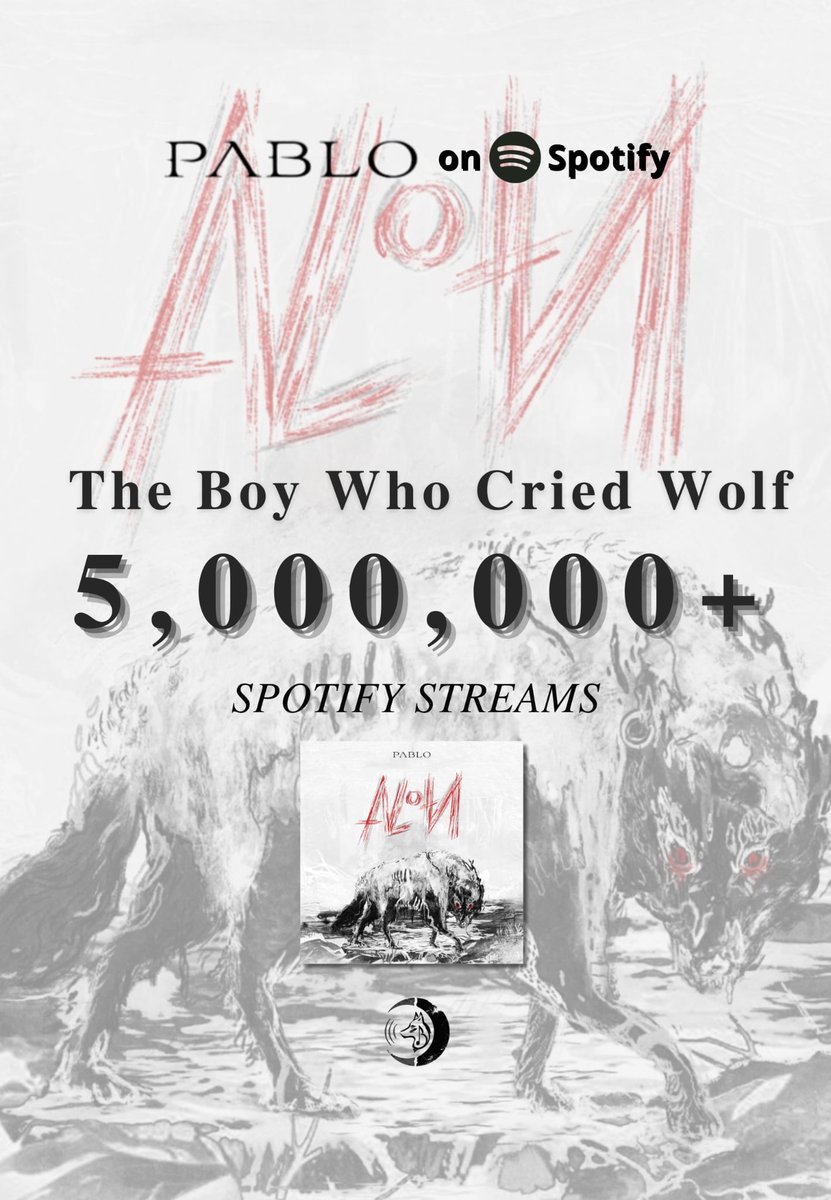 LoboSHOfficial's tweet photo. 'The Boy Who Cried Wolf' by PABLO just surpassed 5 MILLION Spotify Streams! ✨🔥

Congratulations, PABLO and streamers! 
Sabi ko naman sa inyo, dalawa na tayo 🐺

🔗 
https://t.co/aUBT07H2kx

@imszmc #PABLO 
#PABLOAlonAlbum #TheBoyWhoCriedWolf https://t.co/lDVsJmfZ8h
