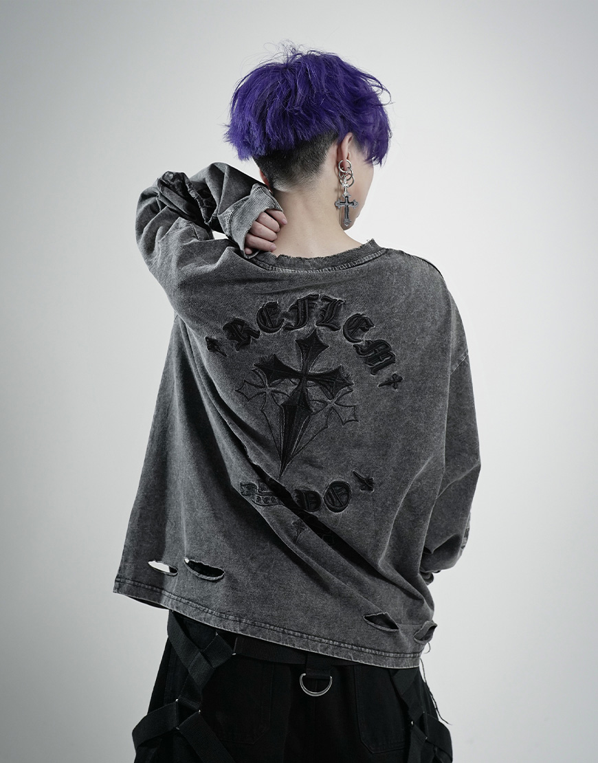 REFLEM レフレム クロス刺繍長袖Tシャツ グレー 【公式通販】