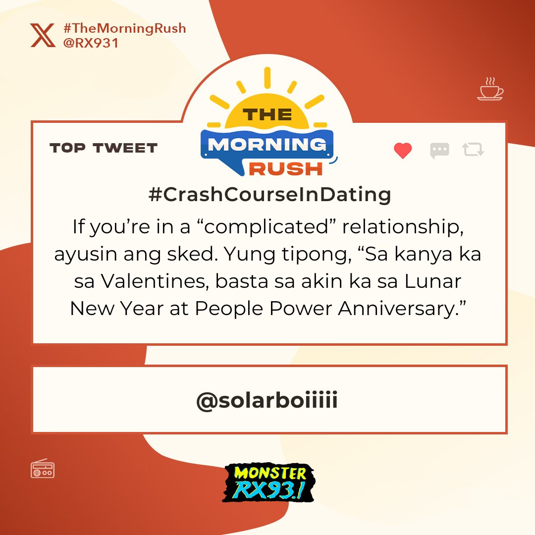 RX931's tweet photo. Top Entry: #CrashCourseInDating from @solarboiiiii #TheMorningRush https://t.co/GGBN8dzK51