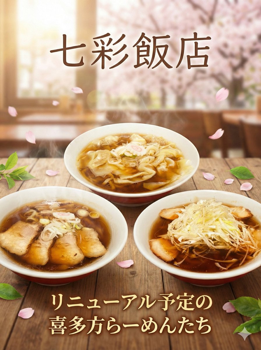 七彩飯店。喜多方らーめんを中心にマイナーチェンジ予定。
喜多方らーめんらしさ
や
七彩っぽさ
などがテーマ。
もちろん『おいしい』は大前提。