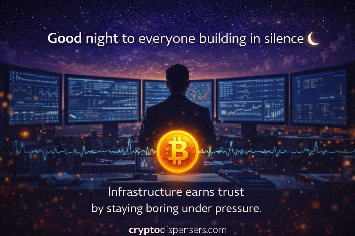 cryptodispenser's tweet photo. Good night to everyone building in silence🌙
Infrastructure earns trust
by staying boring under pressure.
#StressTestedSystems #CryptoEngineering #BitcoinReliability https://t.co/AJMnQZLBtT