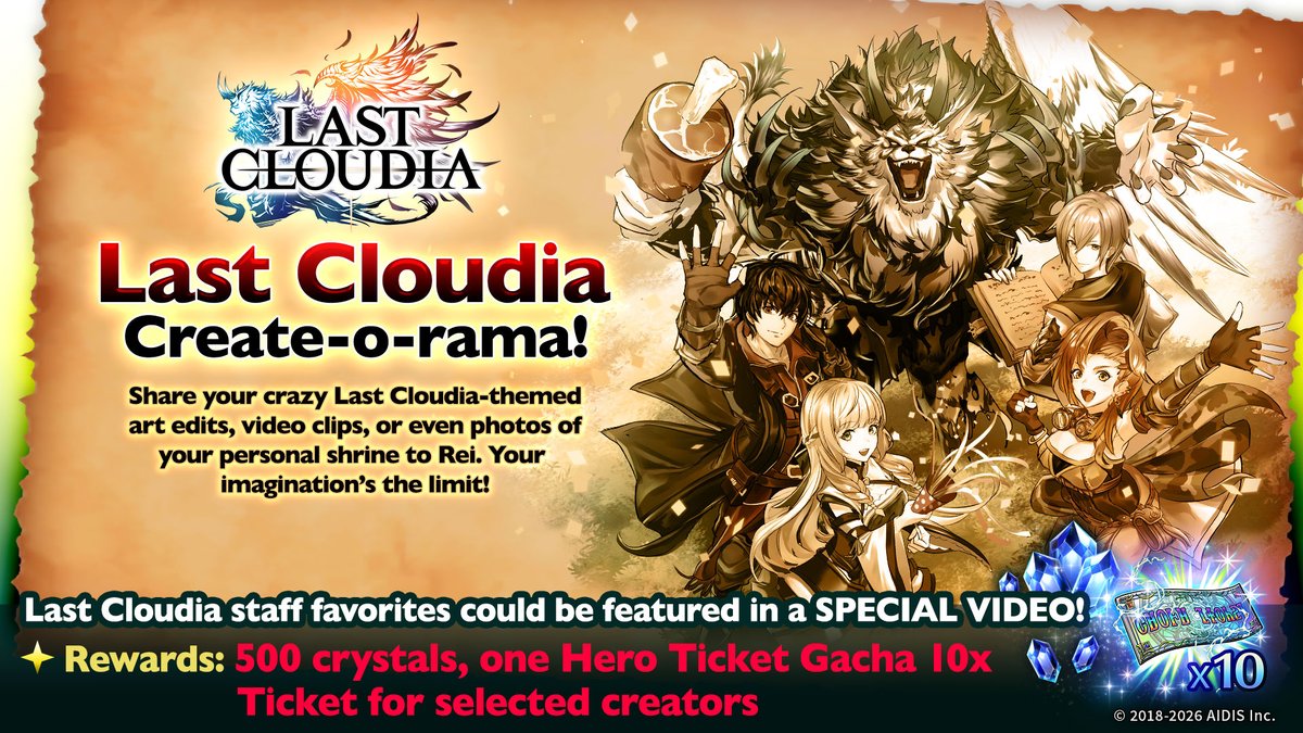 The Last Cloudia #Createorama has returned!🎨 

Reply with your creations: #LastCloudia drawings, edits, photos, videos, or whatever you like. You could get in-game rewards and be featured in upcoming livestreams or videos!📺✨