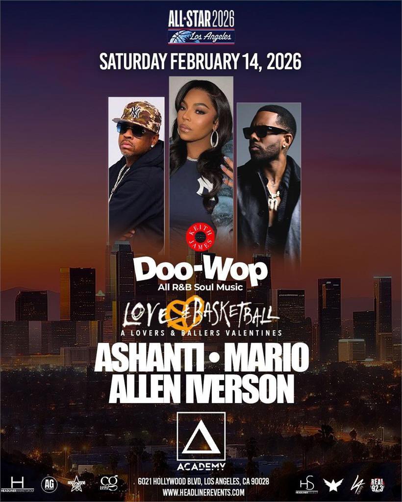 VALENTINES DOO-WOP 
R&amp;B PARTY
NBA ALL-STAR WEEKEND
Los Angeles, CA
Saturday February 14
Doo-Wop All R&amp;B Soul Music
Love &amp; Basketball: A Lovers &amp; Ballers Valentine’s
Hosted by <a href="/ashanti/">ASHANTI</a> <a href="/marioworldwide/">Mario</a>
&amp; <a href="/theofficialai3/">Allen Iverson</a> aka “Allen Iverson”
at <a href="/academy__la/">Academy LA</a>
HeadlinerEvents.com