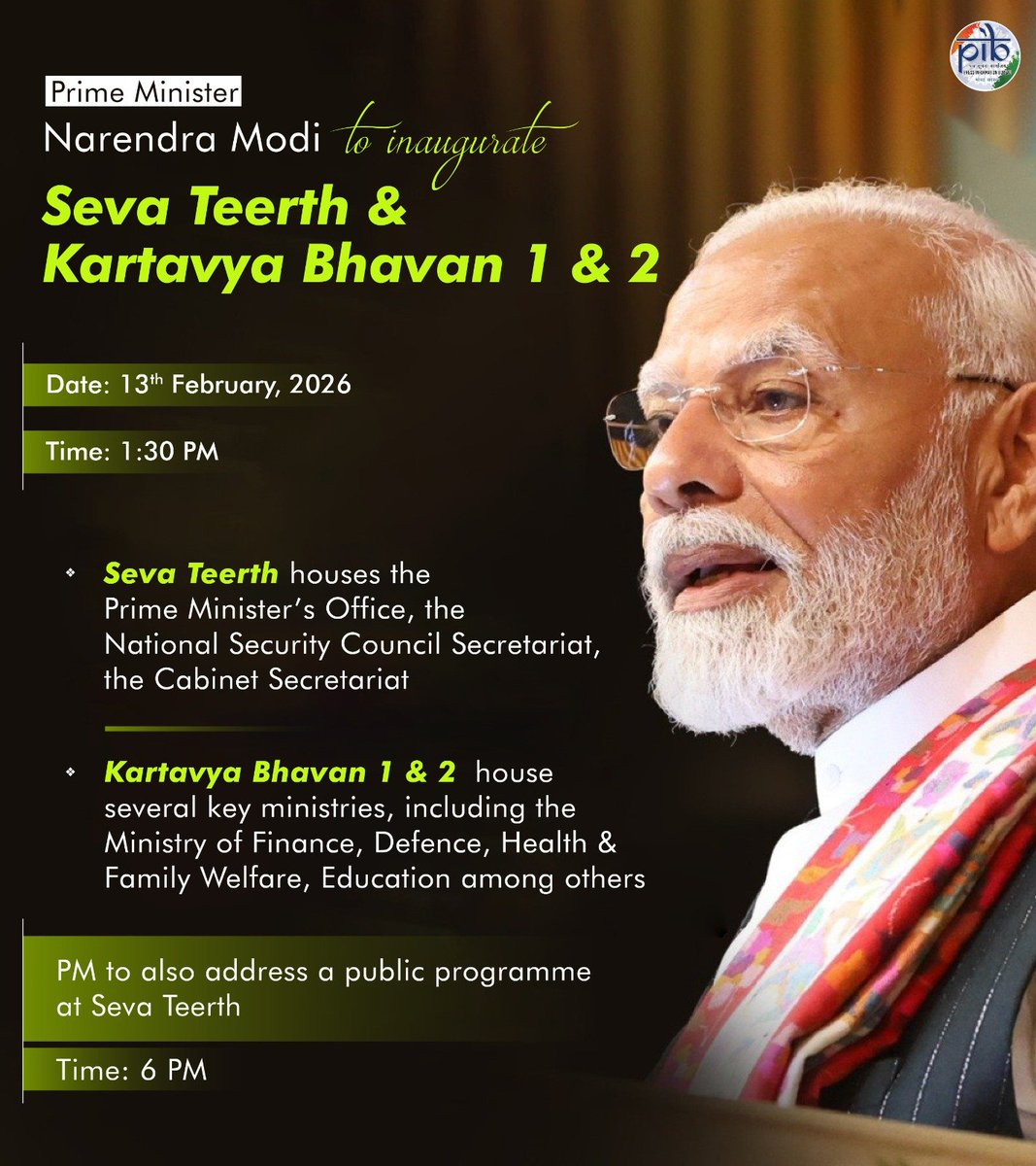 Prime Minister <a href="/narendramodi/">Narendra Modi</a> to inaugurate Seva Teerth and Kartavya Bhavan-1 &amp; 2

▪️Seva Teerth houses the Prime Minister’s Office, the National Security Council Secretariat, the Cabinet Secretariat, all of which were previously located across different locations

▪️Kartavya