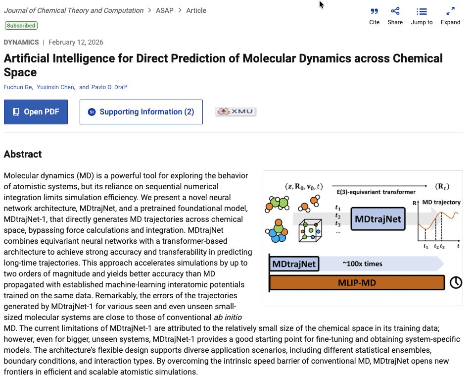 PavloDral's tweet photo. Our novel approach of directly predicting nuclear positions for various molecules as a function of time, rather than doing stepwise propagations as in molecule dynamics, is finally published in @JCIM_JCTC :
https://t.co/4rmhovRIhT
#compchem #mlchem #moleculardynamics https://t.co/rCc10cVReC