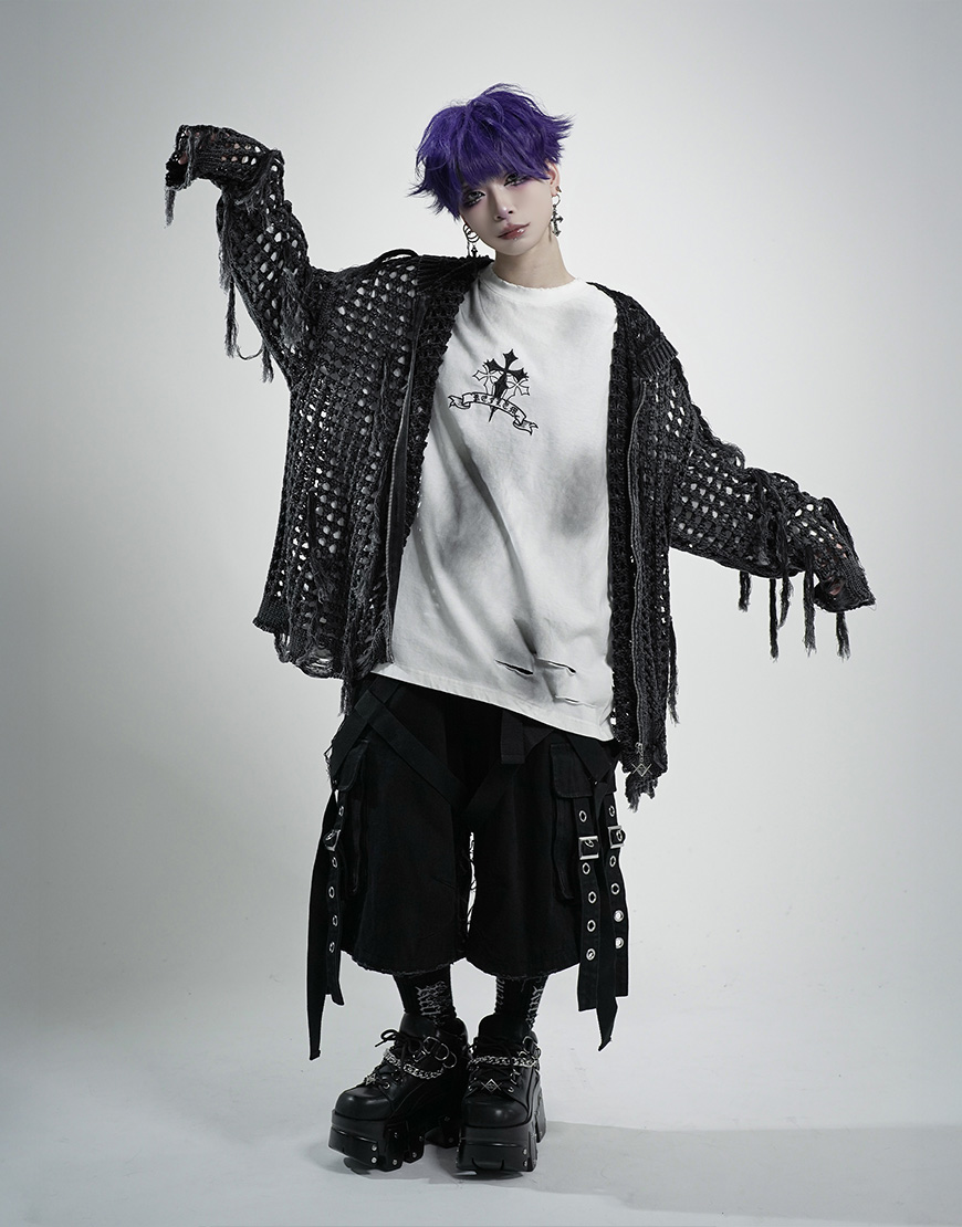 NEW ARRIVAL】 REFLEM【レフレム】 格子編みフリンジニットジップ