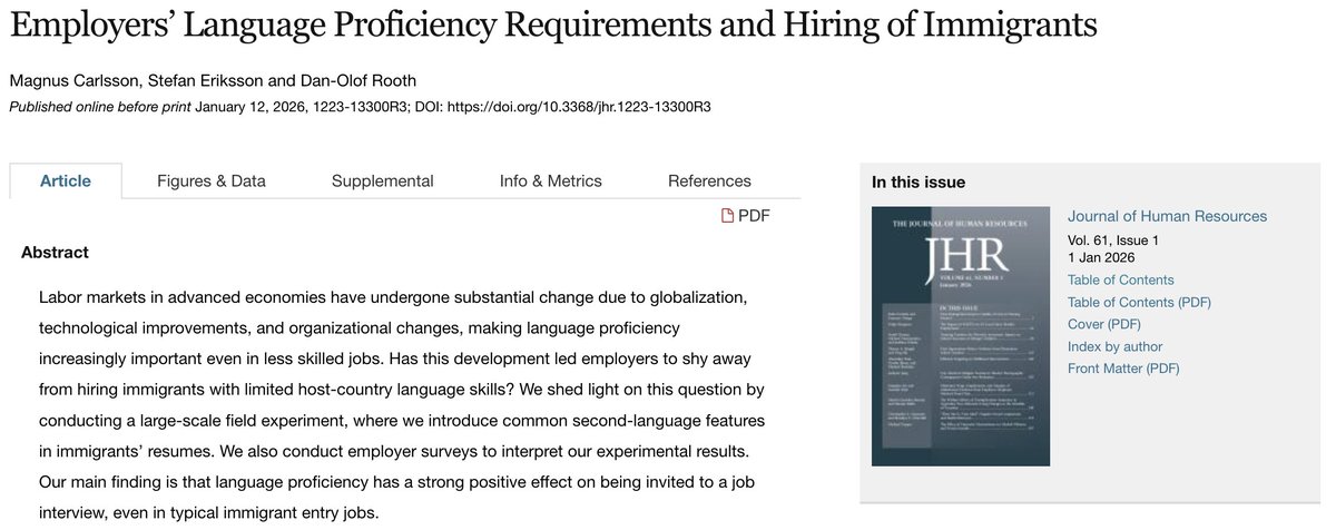 J_HumanResource's tweet photo. #LanguageProficiency almost doubles callback rates for #immigrant job seekers - even in #LowSkillJobs. Magnus Carlsson, Stefan Eriksson, & Dan-Olof Rooth found that improving from basic to advanced Swedish raised hiring chances from 8% to 15%.
https://t.co/ZgO4QRHaqc https://t.co/2jzLRrwCP9