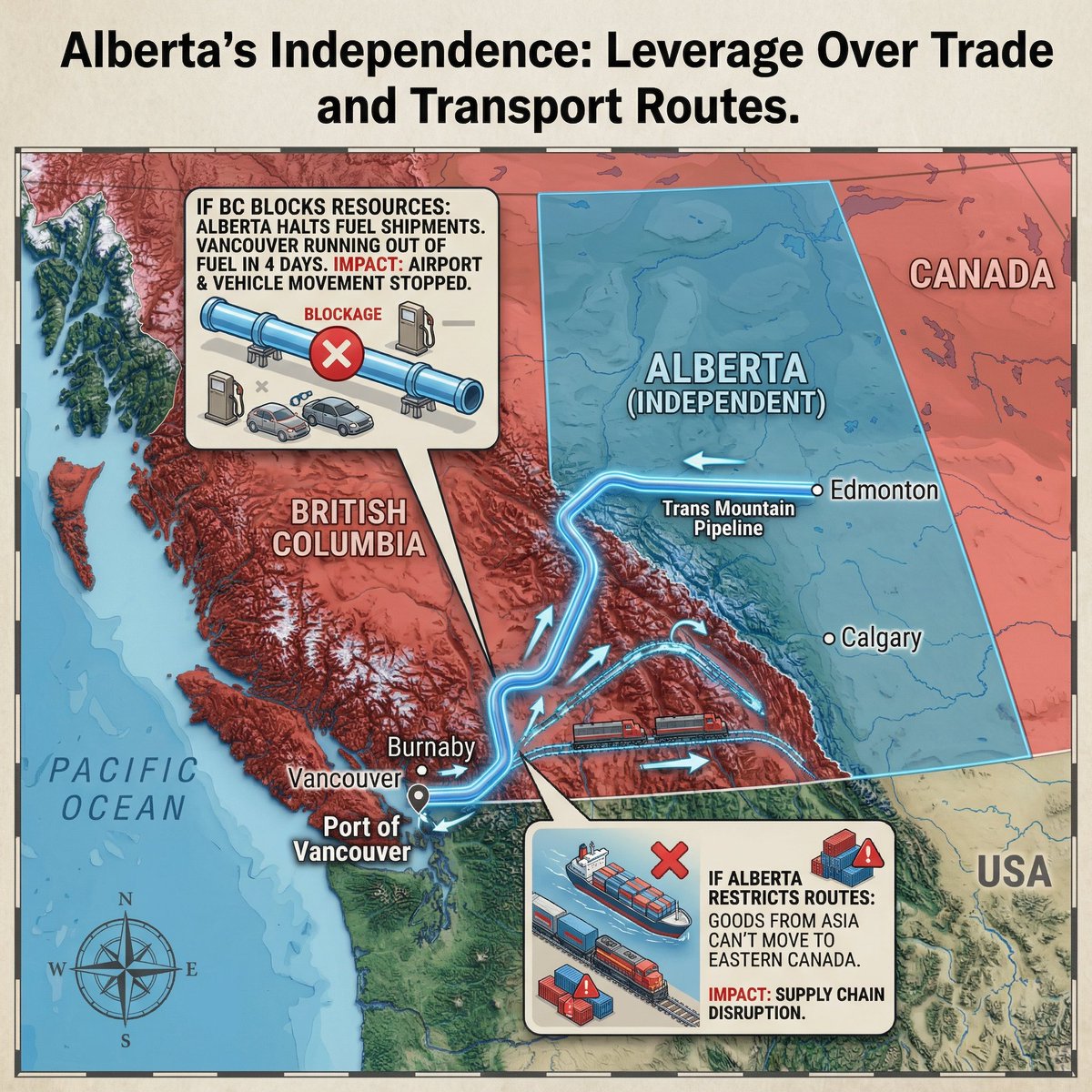 RiseOfAlberta's tweet photo. Myth: “Alberta could never survive as an independent country. You’re landlocked. You’ll never get your oil to market.”

That argument sounds strong, until you actually look at the leverage Alberta already holds.

Right now, Alberta is landlocked in two ways:

Geography

Policy

We can’t change geography.

But policy? That’s entirely different.

Under Ottawa, Alberta is landlocked by federal laws, regulatory delays, political ideology, and governments openly hostile to resource development. 

Even when projects are economically viable, nationally beneficial, and globally strategic, they’re blocked, delayed, or strangled in red tape.

That’s policy landlocking.

Independence removes that barrier overnight.

And here’s what most critics ignore:

Alberta isn’t powerless in the geography equation either.

Take British Columbia.

People say, “BC would never let Alberta ship oil through their province.”

Reality check:
The Lower Mainland runs on Alberta fuel.

The Trans Mountain pipeline feeds the Burnaby refinery. That refinery supplies gasoline, diesel, jet fuel — the lifeblood of Vancouver’s economy.

If Alberta fuel stopped flowing, the Lower Mainland would face shortages in roughly four days.

Airports.
Trucking.
Gas stations.
Emergency services.

This isn’t a threat. It’s economic interdependence.

BC needs Alberta energy just as much as Alberta needs Pacific access.

That’s not weakness.
That’s leverage.

Now zoom out.

The Port of Vancouver is Canada’s primary gateway to Asia. The majority of container traffic from Asia lands there and moves east by rail, through the West.

If Alberta were independent and negotiations turned hostile, Canada would suddenly face its own geographic reality:

Trade corridors are mutual.

Energy corridors are mutual.
Rail corridors are mutual.

You don’t get to say “no pipelines” while expecting uninterrupted access to ports, rail, fuel, and infrastructure.

That’s not how sovereign trade negotiations work.

Independence doesn’t isolate Alberta.

It flips the negotiating table.

Instead of pleading with Ottawa to approve infrastructure, Alberta would negotiate directly, as a sovereign energy producer that:

• Supplies fuel to western Canada
• Hosts critical rail corridors
• Produces globally demanded commodities
• Sits between Pacific ports and eastern markets
• Has the economic capacity to expand export infrastructure rapidly

The biggest shift isn’t geography.

It’s bargaining power.

Inside Canada, Alberta has limited leverage. Federal governments can ignore us because political incentives reward blocking development.

As an independent nation, Alberta would negotiate trade access from a position of strength, backed by:

• Energy security leverage
• Transit corridor leverage
• Continental trade relationships with the United States
• Strong fiscal capacity
• Global demand for oil, gas, agriculture, petrochemicals, and critical minerals

And here’s the part critics never address:

Markets want Alberta energy.
The constraint isn’t demand.
It’s federal obstruction.

Independence removes policy landlocking and replaces it with sovereign decision-making.

Would negotiations be tough? Of course.

But the idea that Alberta would have less leverage outside Canada is simply wrong.

Right now we’re landlocked by ideology.

Independence removes that barrier and turns Alberta from a politically constrained province into a strategic energy state negotiating as an equal.

We don’t lose leverage.

We gain it.