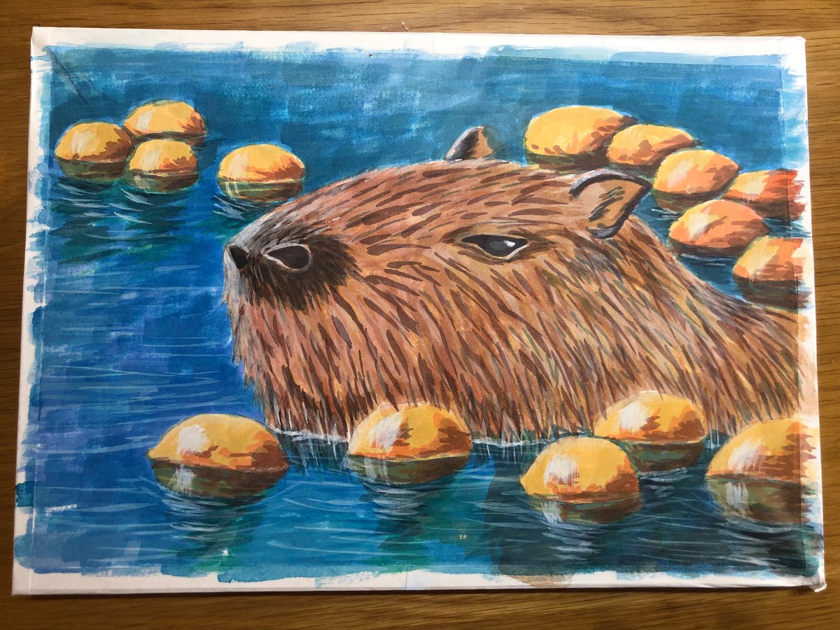 kitakitamin's tweet photo. リキテックス衝動買いしてカピバラ絵描きました
使うの専門学校以来ですがやっぱ重ね塗り楽しいっすね

うちにあった謎の画用紙を板に貼って、深く考えずにガシガシ塗り！
水張り失敗してるけど気にしない！

#動物イラスト #リキテックス #アナログイラスト https://t.co/zKmko4m8A7
