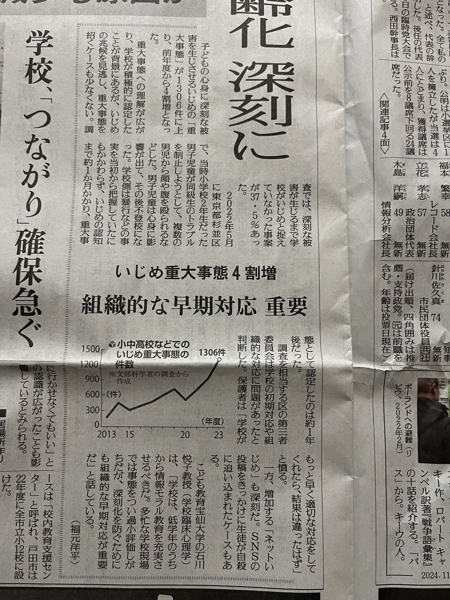 #杉並いじめ重大事態
2024年11月1日付の読売新聞の記事。
この時取材に応じていた保護者は、実は私。杉並区は、この時は取材に応じたんだよね。

（日付と掲載誌名と記事内容を同じ画角に撮れなくて、すみません）