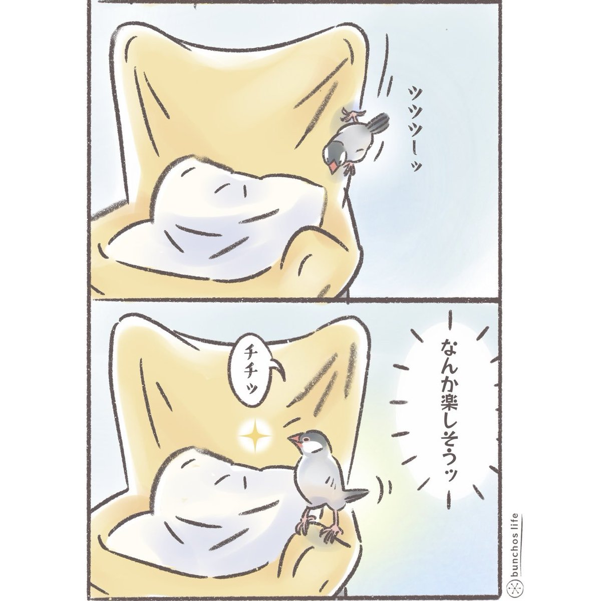 椅子で遊ぶ文鳥、楽しそう
#文鳥 
#4コマ漫画 