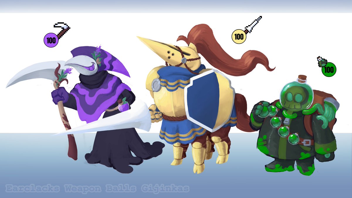 i dunno the lore i just wanted to draw gijinkas (scythe, lance, flask) #earclacks #weaponballs