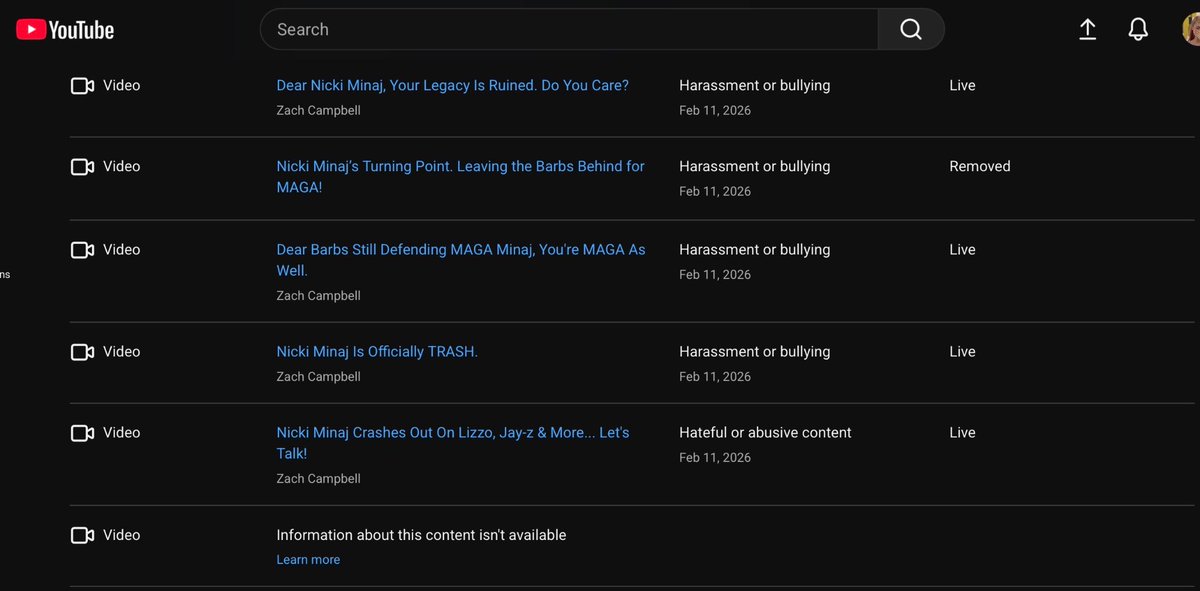 We copyrighted several of Zach Campbell’s video for the unauthorized use of pictures of <a href="/NICKIMINAJ/">Nicki Minaj</a> they have now taken down one of his videos where he was harassing her. This means he has a one strike against his channel 

Barbz continue to flag his account. Make sure to flag