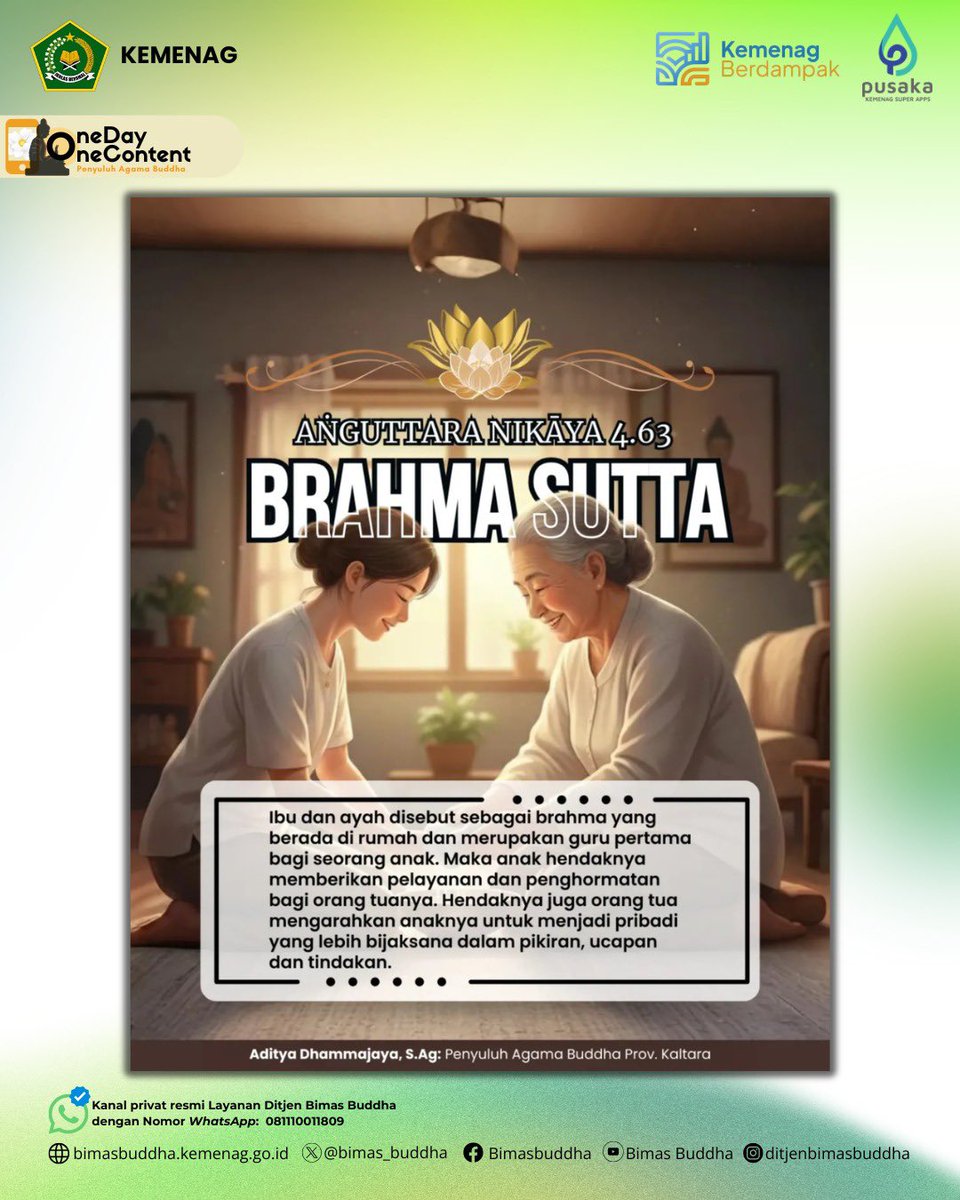 Halo, #SahabatReligi
 
Ibu dan ayah adalah brahma di rumah, guru pertama yang menanamkan kasih sayang, hormat, dan tanggung jawab.
Saat anak berbakti dan orang tua membimbing dengan cinta tulus, lahirlah keluarga harmonis yang membawa kesejahteraan lahir dan batin.

#BimasBuddha