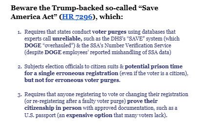 jennycohn1's tweet image. Here’s my new &amp;amp; expanded summary of the GOP’s so-called “Save America Act.” I expanded it to add more info re the Act’s proposed voter purge program, which seems to have been inspired by whatever “DOGE” did to DHS &amp;amp; SSA databases. Pls tell ur Senators to vote NO on this horror:…