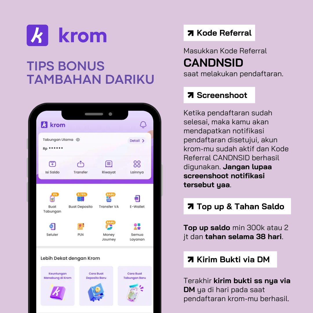 chlorophilae's tweet photo. Promo Burek 2026
KROM BANK
Gunakan kode referral CANDNSID pd saat melakukan pendaftaran utk mendapatkan BONUS TAMBAHAN dariku selain dri apknya.
- 110k apabila mempertahankan saldo 2jt selama 38 hari. atau
- 30k apabila mempertahankan saldo 300k selama 38 hari.
Total dapat 260k! https://t.co/AQlBgacHmi