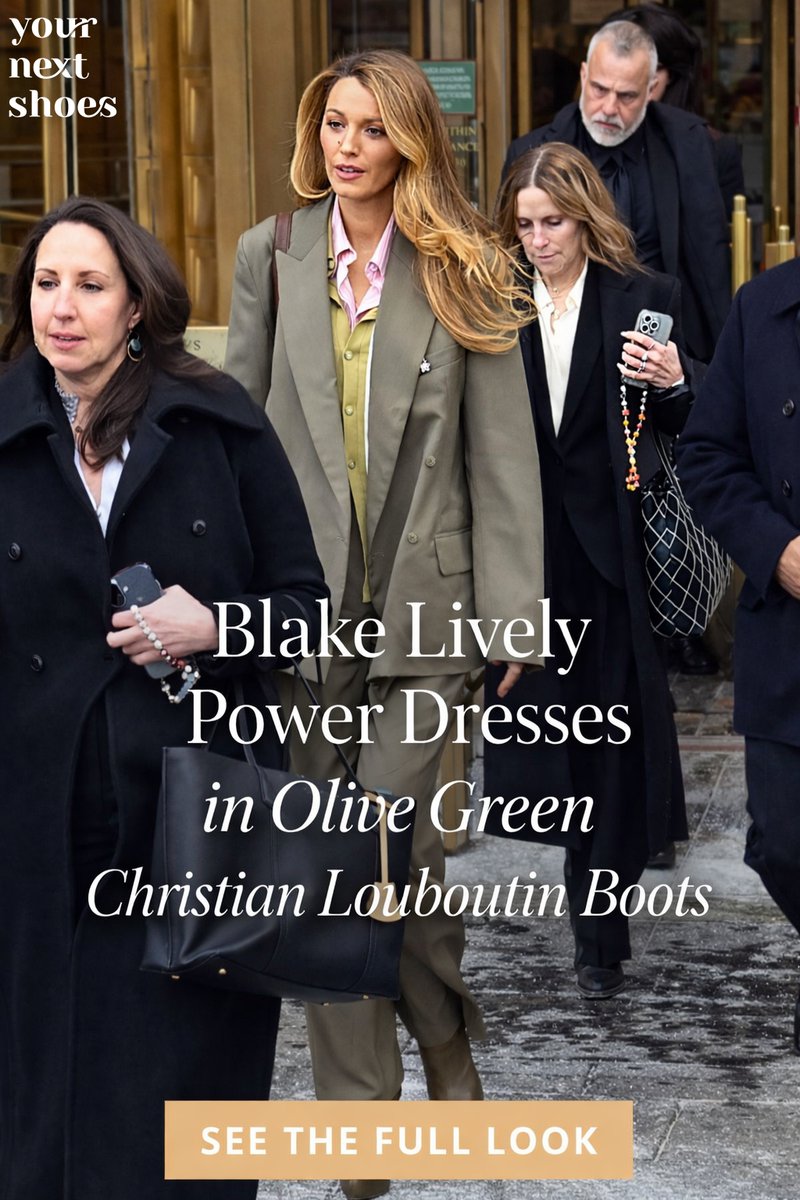 Blake Lively masters courtroom chic in an olive green power suit and iconic Christian Louboutin Ariella Talon boots. A study in sharp tailoring, proportion, and quiet authority.

🔗 Full look:
 yournextshoes.com/blake-lively-c…