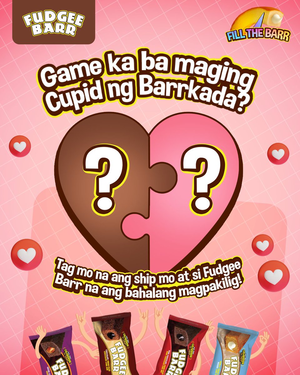 FudgeeBarr_PH's tweet photo. Ready ka na ba maging Cupid ng Barrkada mo? 💘 Tag two friends sa comments at hype natin na maging sila!
Have an OBarr sa Kilig na date and shop now!
Lazada: https://t.co/L9ayg64mAr
Shopee: https://t.co/ITktSvBFKg
#FudgeeBarr #FillTheBarr https://t.co/3T6ykoREoP