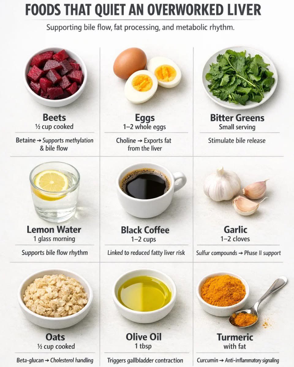 paiyx7's tweet photo. Beets, eggs, bitter greens, lemon water, coffee, oats, olive oil, turmeric — each supports bile flow, fat export, or enzyme signaling. The liver needs rhythm and nutrients, not cleanses. https://t.co/dGTABz7fQr
