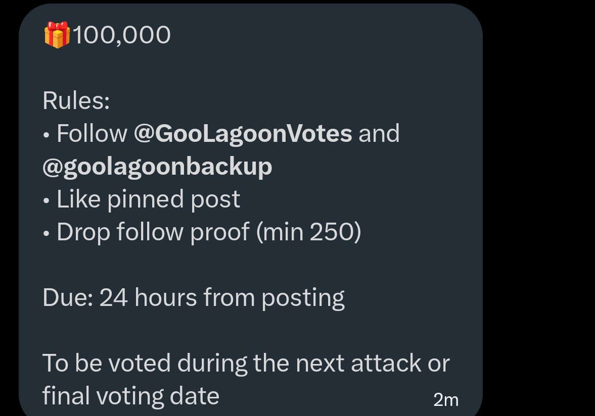 WONXIN RT DEAL 

🎁100,000

Rules:
• Follow <a href="/GooLagoonVotes/">Goo Lagoon Votes 🌴</a> and <a href="/goolagoonbackup/">Goo Lagoon's 🌴 Love Child</a>
• Like pinned post
• Drop follow proof (min 250)

Due: 24 hours from posting

To be voted during the next attack or final voting date