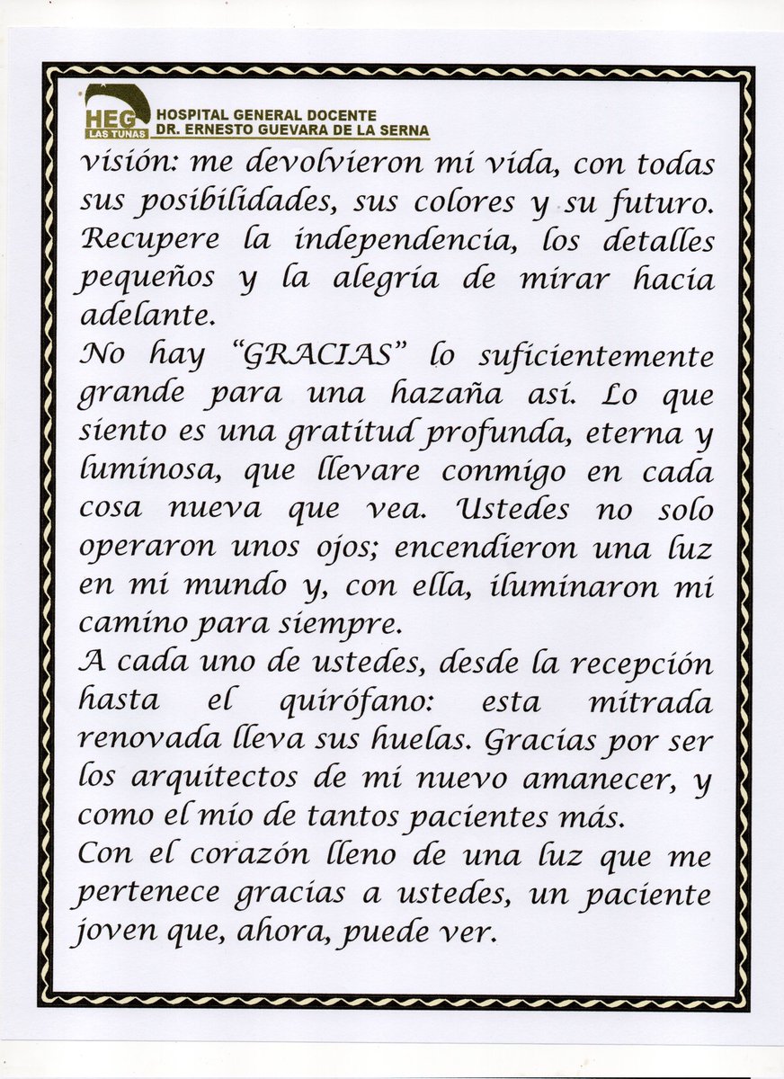 En el contexto de la actividad cultural realizada por el colectivo del Centro Oftalmológico en saludo al Día del Amor y la Amistad, en medio de la vorágine de trabajo se dió lectura al mensaje de gratitud de un paciente operado en el centro #CubaVencerá <a href="/DtorDgsTunas/">Director General de Salud Las Tunas</a> <a href="/MINSAPCuba/">Ministerio de Salud Pública de Cuba</a>