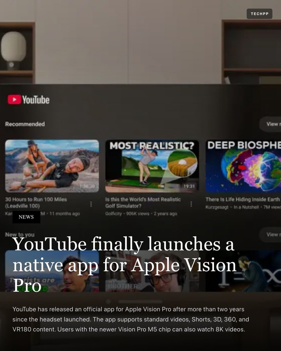 techpp's tweet image. YouTube finally launches a native app for Apple Vision Pro

#YouTube #Apple #VisionPro #VR