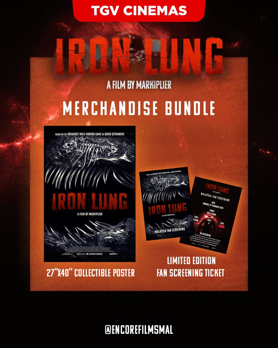 TGVCinemas's tweet photo. ⚠️ WARNING: THIS IS NOT A GAME. ⚠️

Iron Lung surfaces in Malaysia for an exclusive Fan Screening.

Claustrophobic. Unforgiving. Terrifying.

📅 Monday, 23 February
🕖 8:30PM
📍 TGV 1 Utama

With every ticket purchase, you’ll receive:
🖼️ 27" × 40" Collectible Poster
🎫 Limited Edition Fan Screening Ticket

You survived the game.
Now survive the cinema.

Get your tickets and experience Iron Lung for real at TGV. 🎟️ https://t.co/RQc3mLuyd6

#TGVHallasofHorror #IronLung #Markiplier #MalaysiaFanScreening #PsychologicalHorror #SciFiHorror #GameToFilm