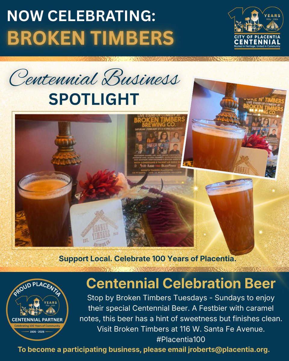 Celebrating our Centennial with amazing local partners! 💙💛

🍺 Broken Timbers – Festbier
🍪 Campitelli Cookies – Sugar Cookie
🍩 The Donut Chain – Centennial Donut
🍊 La Cova – Golden Citrus Drink

Support local &amp; celebrate 100 years!
#Placentia100