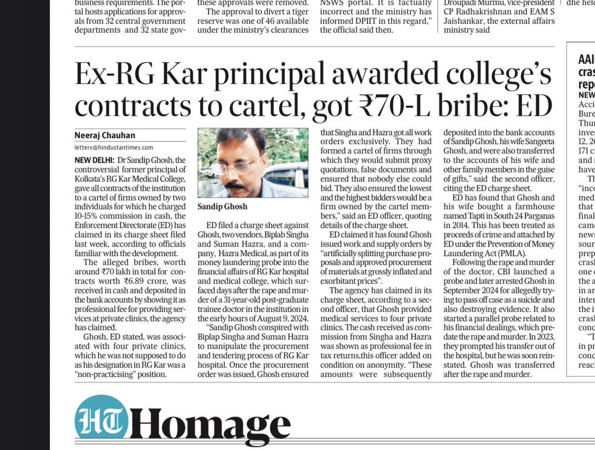 neerajwriting's tweet photo. ED charge sheet says: Former RG Kar hospital principal, Dr Sandip Ghosh, gave all contracts of the institution to a cartel of firms owned by two individuals for which he charged 10-15% commission. 

The alleged bribes, worth around  ₹70 lakh in total for contracts worth  ₹6.89 crore, was received in cash and deposited in the bank accounts by showing it as professional fee for providing services at private clinics. 

Ghosh, according to ED, was associated with four private clinics which he was not supposed to do as his designation in RG Kar was a “non-practicising” position.
https://t.co/eag9ezWQ0o
