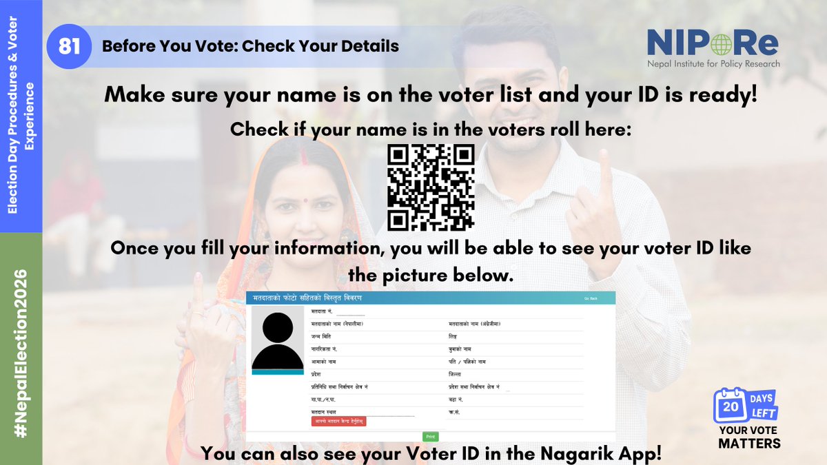 NIPOREGlobal's tweet photo. 20 days to Nepal's General Election 2026
Election Day Procedures & Voter Experience | Day 81 - Before You Vote: Check Your Details
Make sure your name is on the voter list & your ID is ready! Checking ahead saves time and ensures your vote counts.
#VoterChecklist #ReadyToVote https://t.co/xCttZ8g2NM