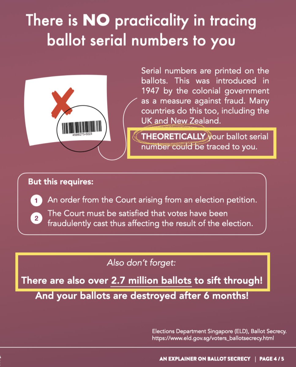 บัตรเลือกตั้งของสิงคโปร์ก็มีบาร์โค้ด สามารถ trace กลับได้ใน"ทางทฤษฎี" 
แต่ทางปฏิบัติทำยาก แค่ 2.7ล้านใบเขายังบอกแทบเป็นไปไม่ได้ แล้วของเรา 30กว่าล้านใบ น่าจะยิ่งไม่มีทาง

นอกจากนี้ ไม่ว่ากกต.หรือใคร หากพยายาม trace ในทางลับเอง โดยไม่มีคำสั่งศาลมารองรับ ย่อมเป็นการกระทำที่ผิดกม.