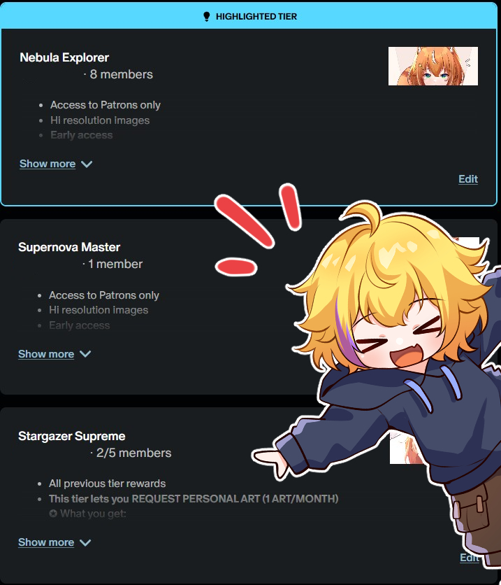 I don’t mention this enough, but if you want a request, you can sorta get one through my P*treon Tier 3. Still 3 slots left! But honestly, even Tier 1 means so much to me, so if you just feel like supporting, I’m super grateful ✨
More info on my bio :)