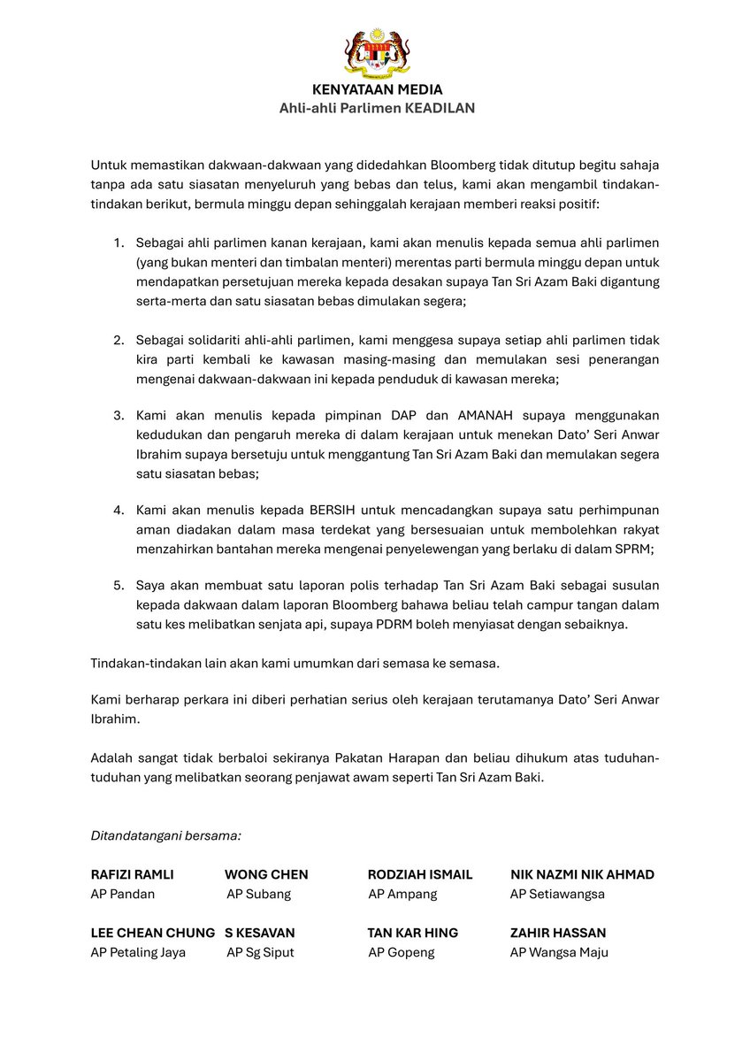 Sekalipun saya tidak dapat hadir bersama <a href="/rafiziramli/">Rafizi Ramli</a> <a href="/Rodziah_Ismail/">Rodziah Ismail</a> <a href="/WongChen_MY/">Wong Chen</a> pada hari ini, saya menyokong sepenuhnya Ketua Pesuruhjaya, Suruhanjaya Pencegahan Rasuah Malaysia (SPRM) digantung tugas dan siasatan bebas serta telus disegerakan.

Kerajaan yang lahir atas