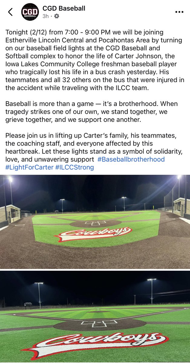 .⁦<a href="/CGDCowboys/">CGD BASEBALL</a>⁩ turned their field lights on this evening to honor the life of Iowa Lakes freshman Carter Johnson, joining many baseball programs in northern Iowa paying similar homage tonight.

#iahsbb #kqradio