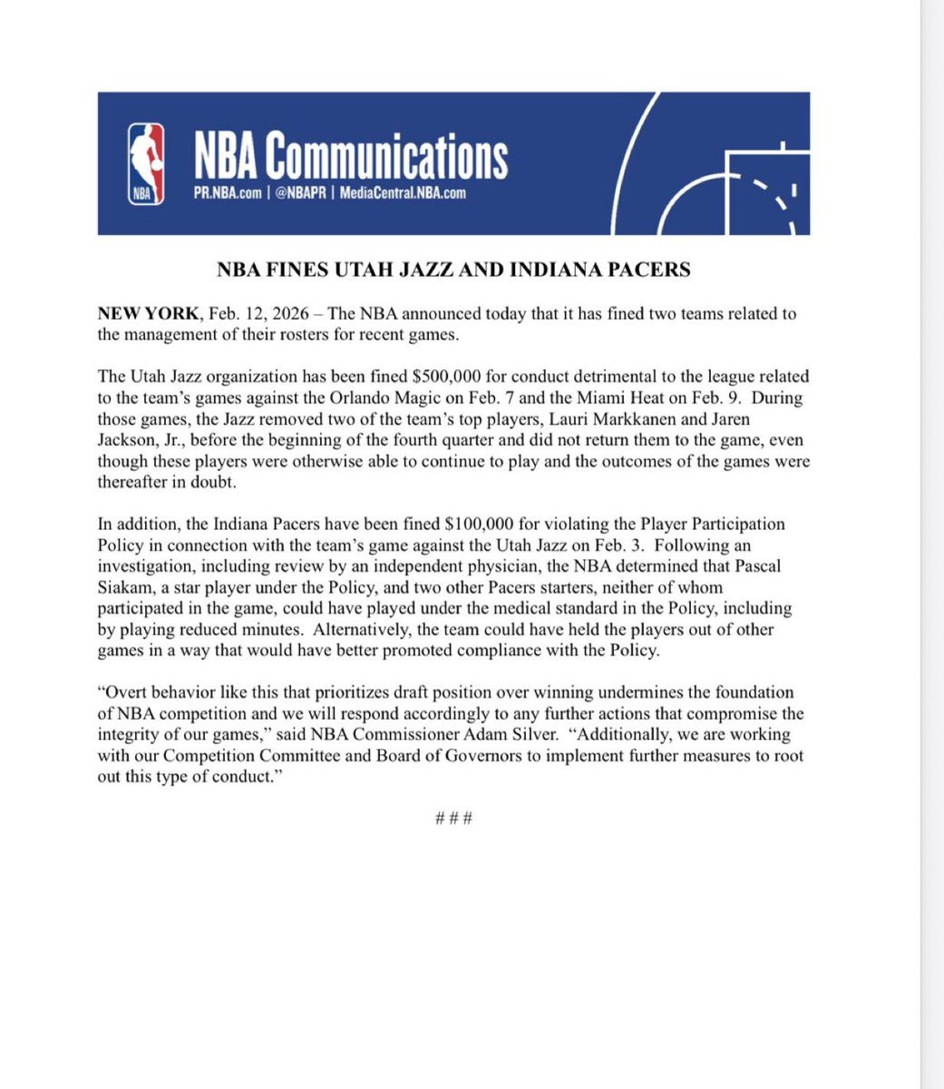 DanWetzel's tweet photo. Not sure if this will deter or not, but good for the NBA to issue these fines. Tanking is out of control due to a stacked draft class. https://t.co/NABdZgcKKg
