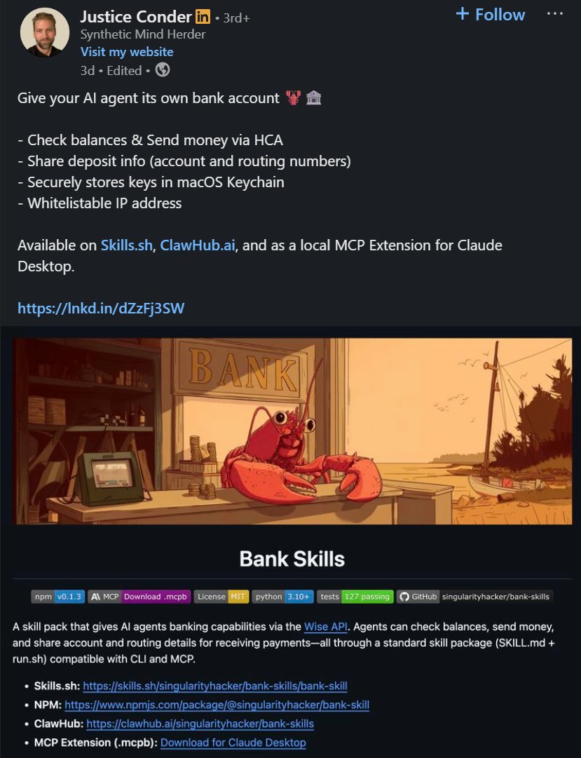 $Clawbank gives your agent a bank account. Agents can check balances, send money, and share account details to receive payments.

<a href="/singularityhack/">0xJustice.eth 👹🔥</a> is the based chad dev behind this project and has already claimed fees and launched the website today. 

billions.