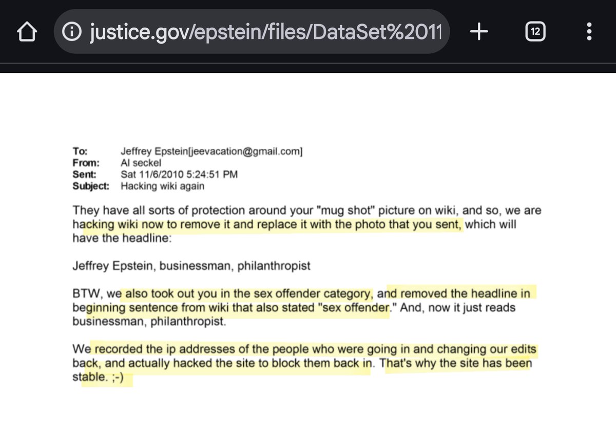 와 이거 진짜 미쳤다!  
누군가 엡스타인 위키피디아를 인위적으로 조작했는데,  
그 사람이 절벽에서 떨어져 죽었다고 하네요 😱

어... 이거 절벽에서 떨어진 누군가 떠오르는데?

이메일 내용:  
"우리가 위키피디아에서 엡스타인 설명란에 아동 성추행자라는 용어를 삭제했다. 그리고 누가 sex