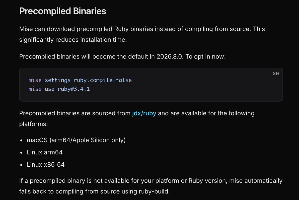 Mise now has fast Ruby installation thanks to support for downloading binaries directly 🚀