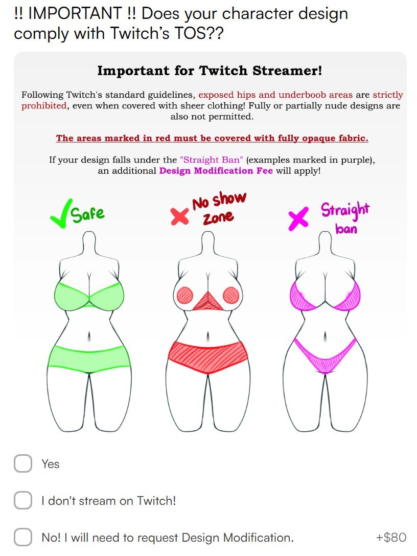 Been seeing the hemlines of new vtuber models/designs slowly creeping up again so feel its important to remind everyone that Twitch DOES have stirct dresscode standards EVEN FOR VTUBERS.
Also important to note that prominant 'butt-fangs' and clearly visible pelvic lines are a no!