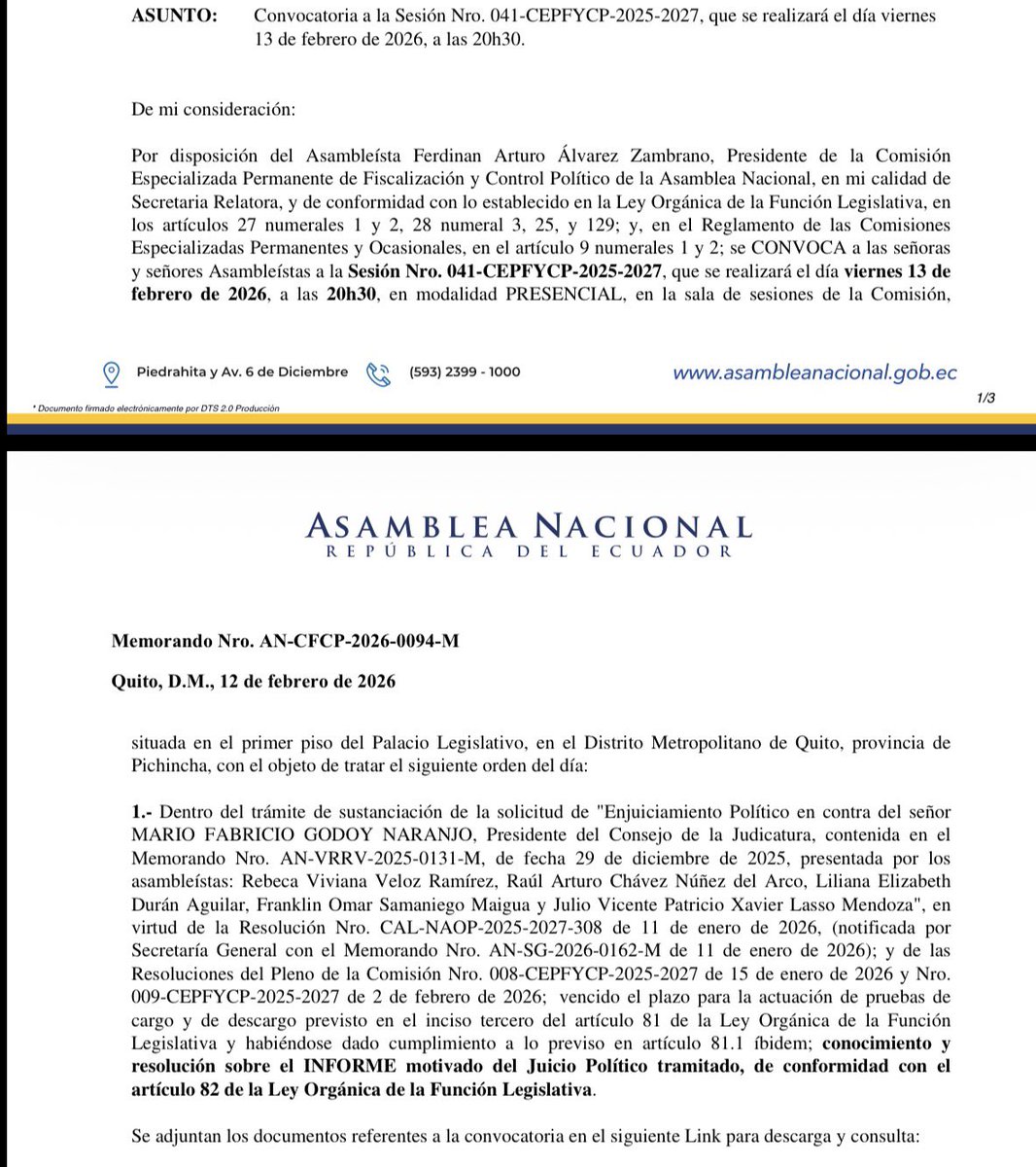 ALERTA: 

Mañana, es decir, UN DÍA ANTES al feriado de carnaval, el CPCCS convoca a la sesión para elegir el reemplazo de Godoy en la Judicatura. 

Y TAMBIÉN mañana 13 de febrero de 2026, la Comisión de Fiscalización convoca para resolver sobre el informe del juicio político de