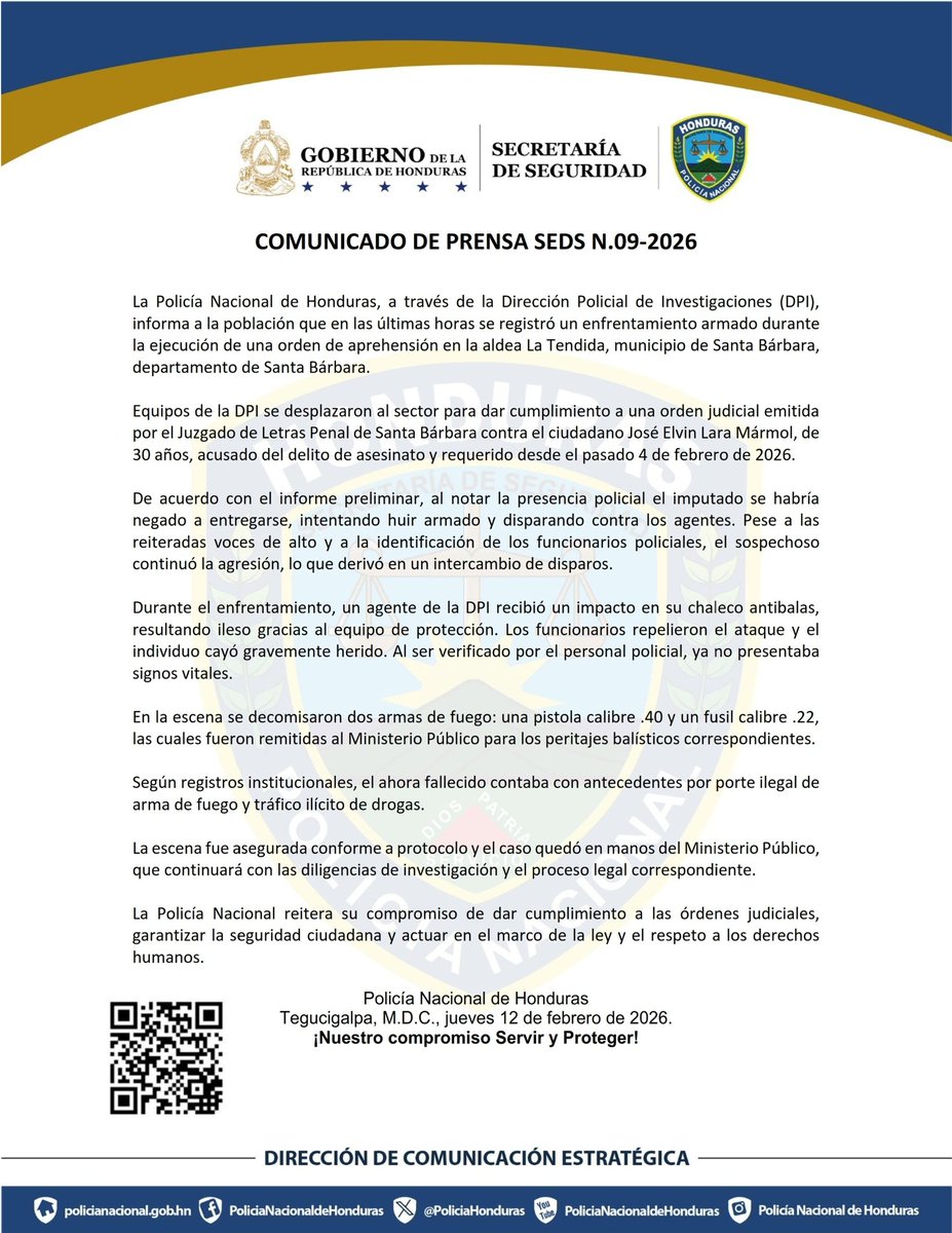 PoliciaHonduras's tweet photo. Comunicado de prensa SEDS N.09-2026 https://t.co/CQZSe22NmW