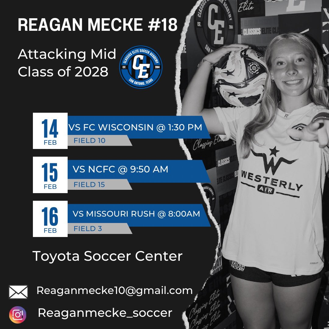 ReaganMecke's tweet photo. My schedule for this upcoming weekend at ECNL Dallas! @ECNLgirls @ImYouthSoccer @ClassicsEliteSA https://t.co/aINq2nmZPs