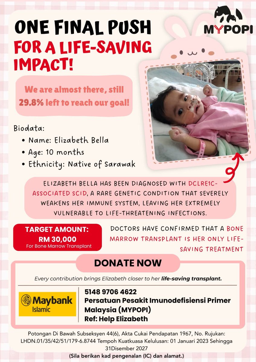 lostpaedsdoc's tweet photo. Elizabeth Bella ,from Sarawak, has SCID or Severe Combined Immunodeficiency & needs a life-saving transplant. Every bit helps—join us in this hopeful push
For more information: MYPOPI Fb page https://t.co/DtOrFI0RB4
@simkuihian
#scid #BoneMarrowTransplant https://t.co/XAt5zIBEF5
