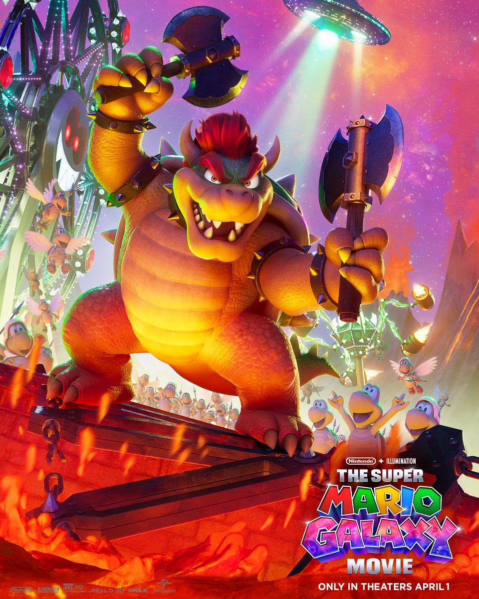 supermariomovie's tweet image. He's got an ax (or two) to grind. Bowser is back in The Super Mario Galaxy Movie, only in theaters April 1.