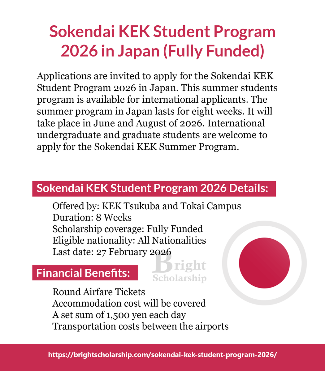 BrightSship's tweet photo. Sokendai KEK Student Program 2026 in Japan (Fully Funded)

Duration: 8 Weeks
Eligible nationality: All Nationalities
Award country: Japan
Last date: 27 February 2026

Apply Link: https://t.co/MRUQNx5Q6Y

#BrightScholarship #FullyFunded #StudentProgram #Japan https://t.co/PkyvuP2Qkw