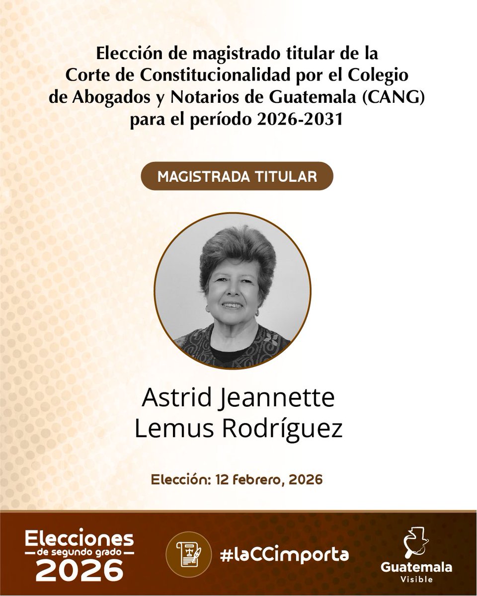 ➡️MAGISTRADO TITULAR DE LA CC POR EL CANG 
 
📌Astrid Jeannette Lemus Rodríguez es electa como magistrada titular de la Corte de Constitucionalidad. 2026-2031.

Con 8,920 votos.
 
 #ElecciónCANG2026
 #ElecciónCc2026
 #laCCimporta
