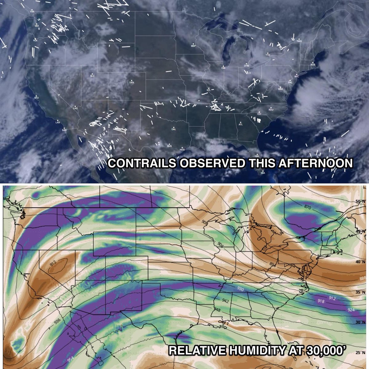 ryanvaughan's tweet photo. 2 maps. One shows the contrails this afternoon. The other shows the relative humidity at roughly 30,000'.... contrails form when the atmospheric conditions are right. https://t.co/Yus7Ax45RL