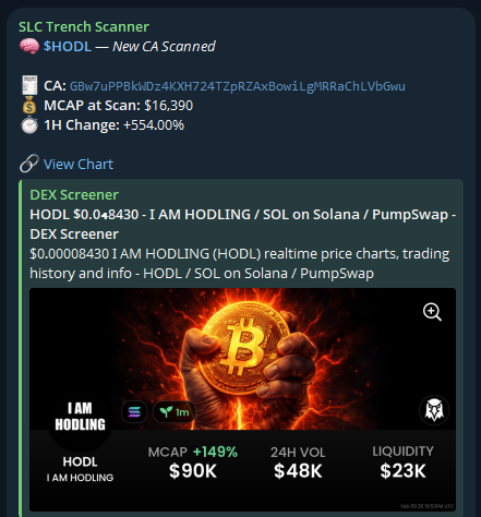 $HODL ran 250%+ after SLC's Trench Scanner alert!

GBw7uPPBkWDz4KXH724TZpRZAxBowiLgMRRaChLVbGwu
____
Interested in the SLC Trench Scanner? DM “Access” to <a href="/scanner_SLC/">SLC Trench Scanner</a>
—
Interested in the SLC Black Ledger Discord? Apply at slcblackledger.org
——