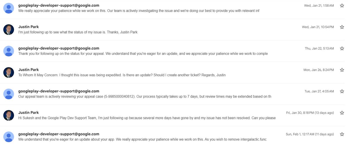 galactic_edu's tweet photo. @GooglePlay can I please get some help. I've been waiting on a response to this case for literally years.. Your support team keeps telling me they are working on it, but I haven't gotten an honest update in 3 weeks. This is sad, pathetic, and frustrating https://t.co/UYpV5O0O0L